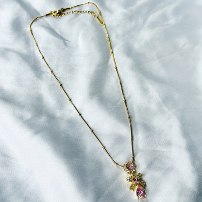 Pink Topaz Cubic Zirconia Tulip Design American Diamond Gold Plated Stainless Steel Necklace