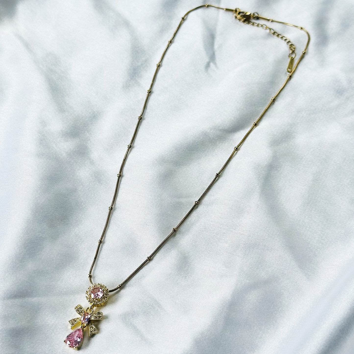 Pink Topaz Cubic Zirconia Tulip Design American Diamond Gold Plated Stainless Steel Necklace