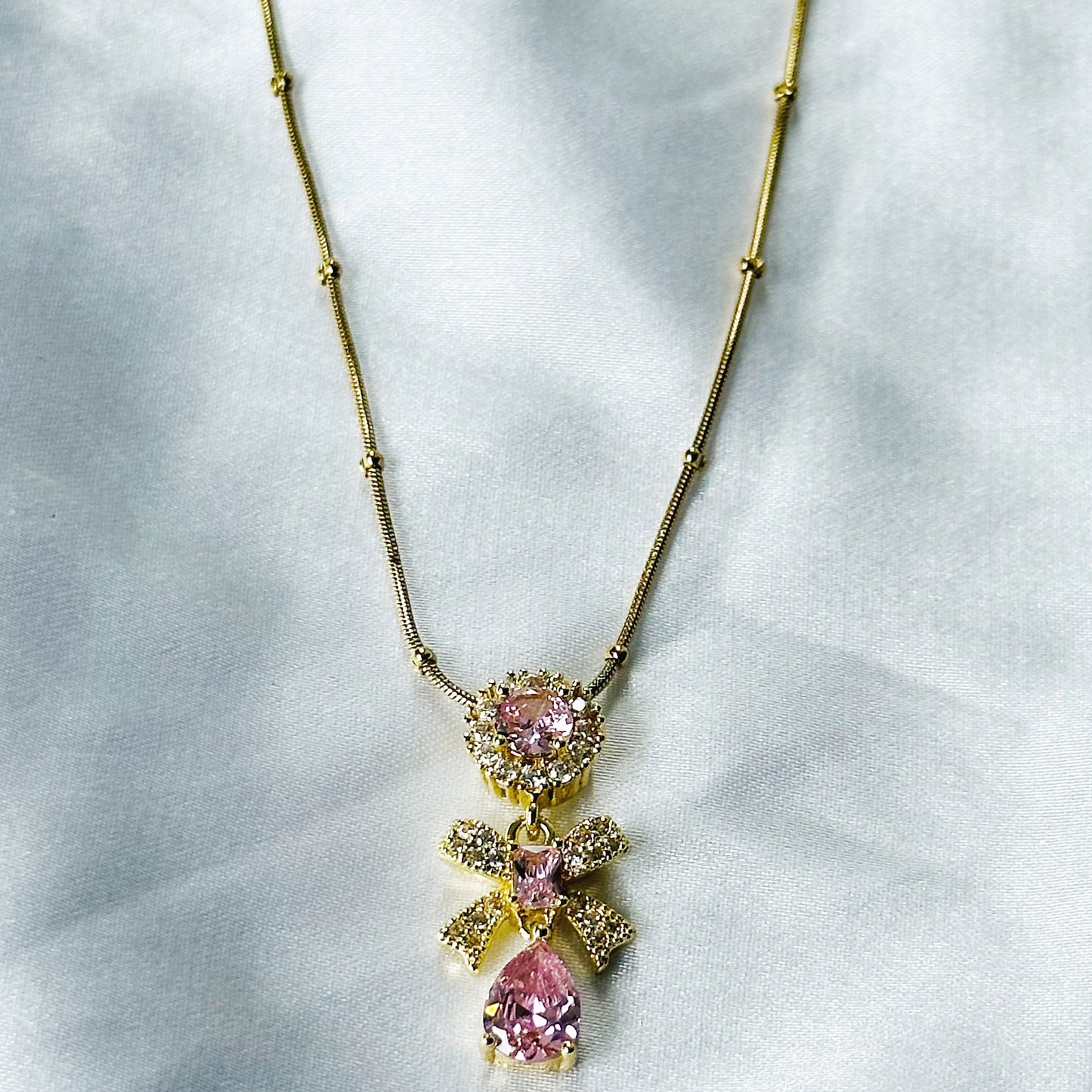 Pink Topaz Cubic Zirconia Tulip Design American Diamond Gold Plated Stainless Steel Necklace