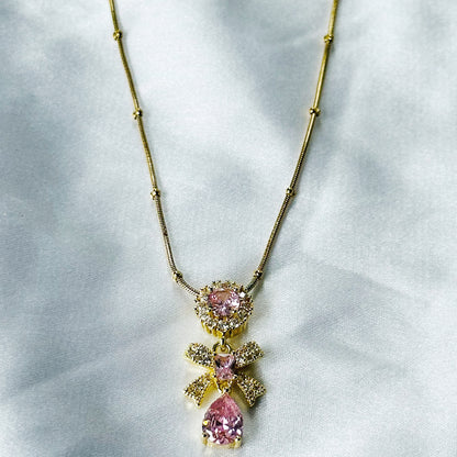 Pink Topaz Cubic Zirconia Tulip Design American Diamond Gold Plated Stainless Steel Necklace