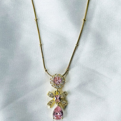 Pink Topaz Cubic Zirconia Tulip Design American Diamond Gold Plated Stainless Steel Necklace