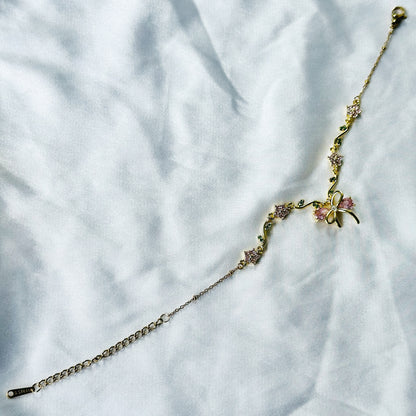 Green Emerald & Pink Topaz Cubic Zirconia Tulip Design American Diamond Gold Plated Stainless Steel Bracelet