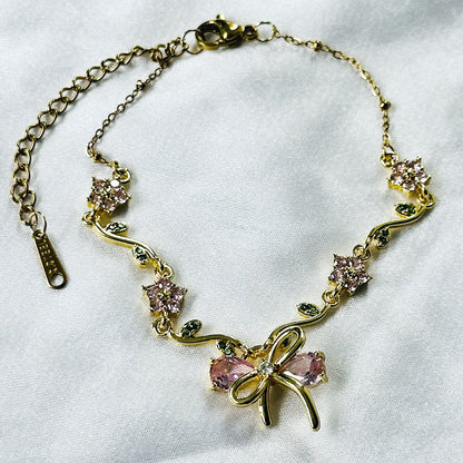 Green Emerald & Pink Topaz Cubic Zirconia Tulip Design American Diamond Gold Plated Stainless Steel Bracelet