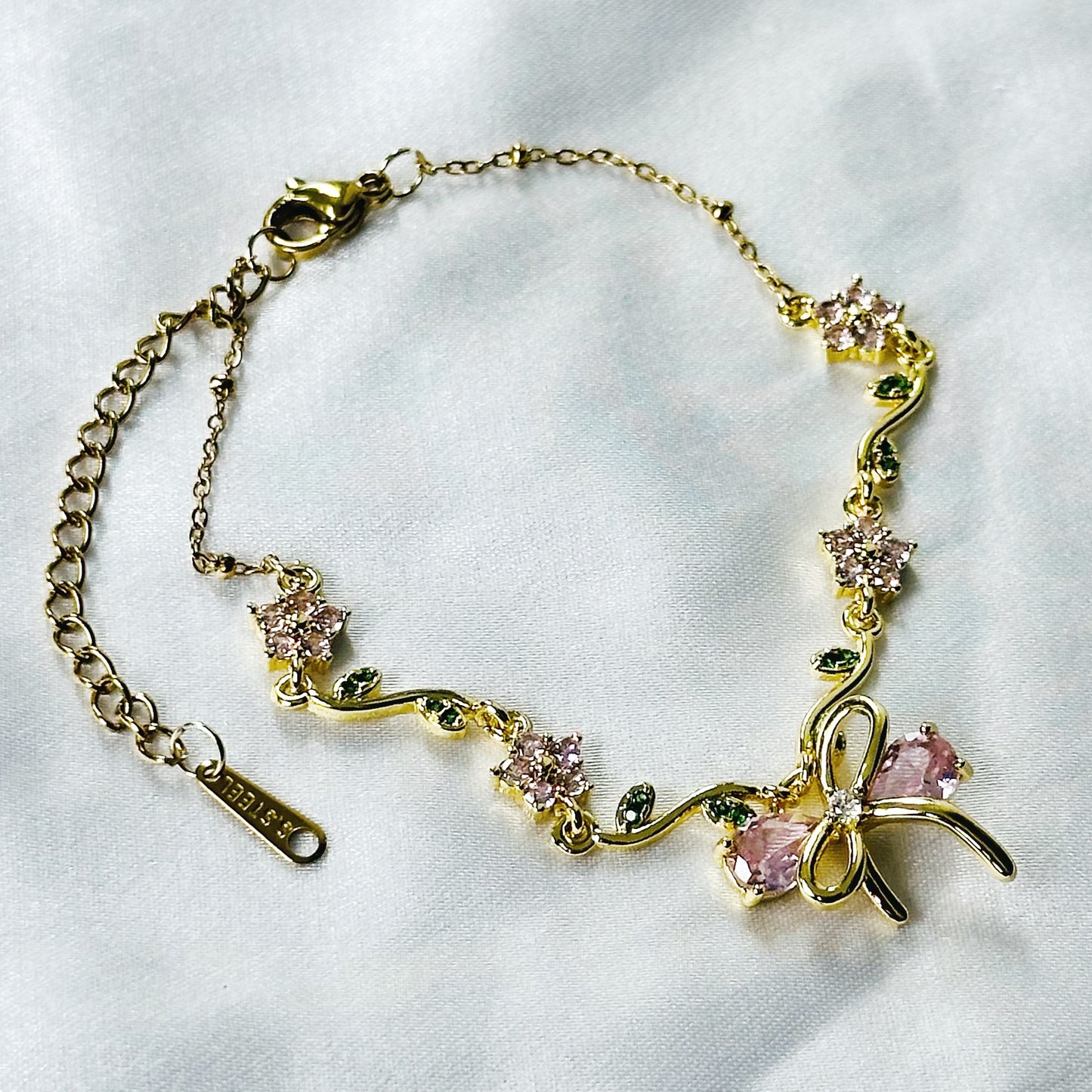 Green Emerald & Pink Topaz Cubic Zirconia Tulip Design American Diamond Gold Plated Stainless Steel Bracelet