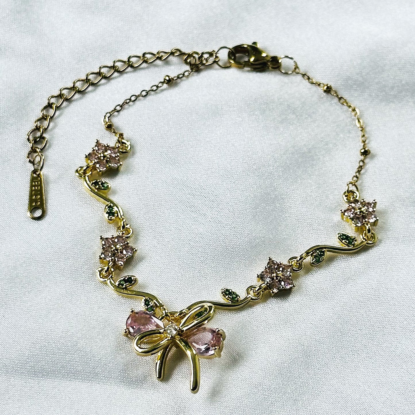 Green Emerald & Pink Topaz Cubic Zirconia Tulip Design American Diamond Gold Plated Stainless Steel Bracelet