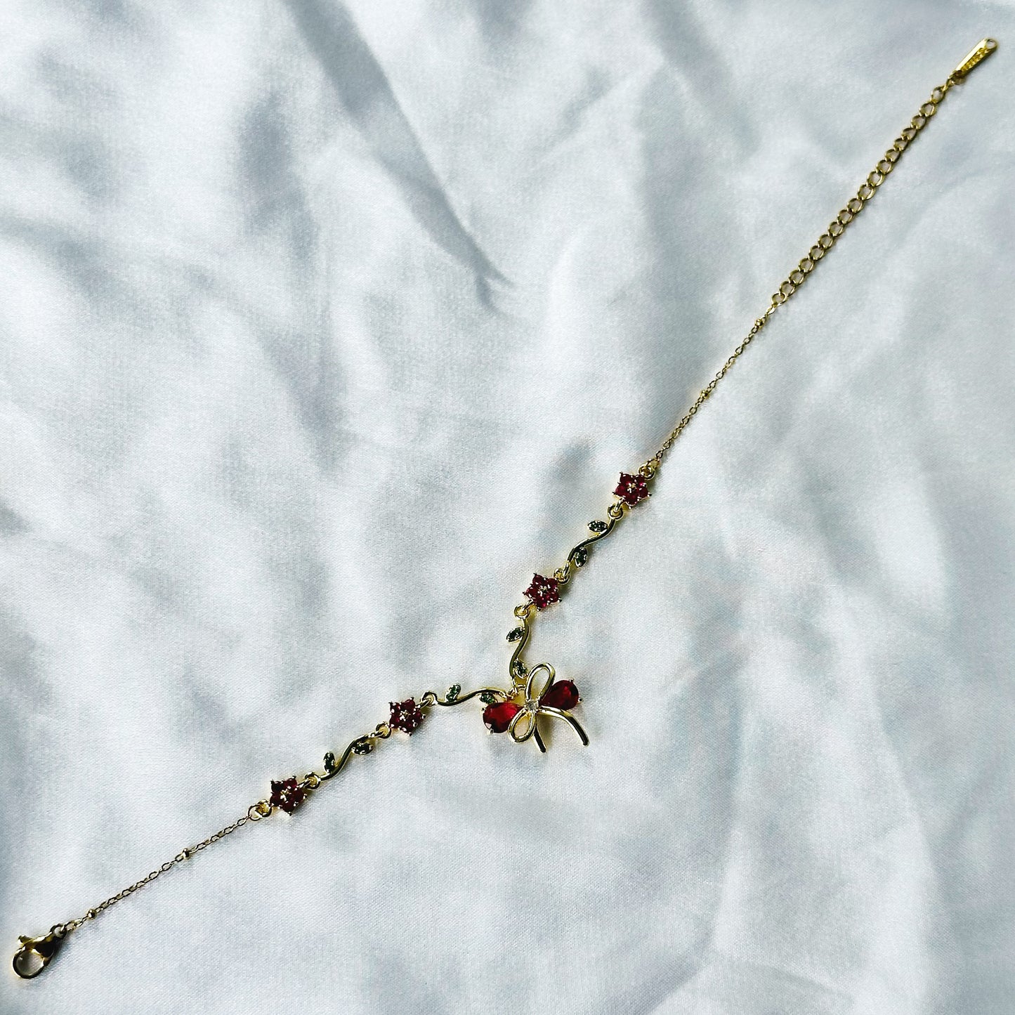 Green Emerald & Red Ruby Cubic Zirconia Tulip Design American Diamond Gold Plated Stainless Steel Bracelet