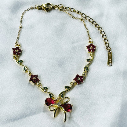 Green Emerald & Red Ruby Cubic Zirconia Tulip Design American Diamond Gold Plated Stainless Steel Bracelet
