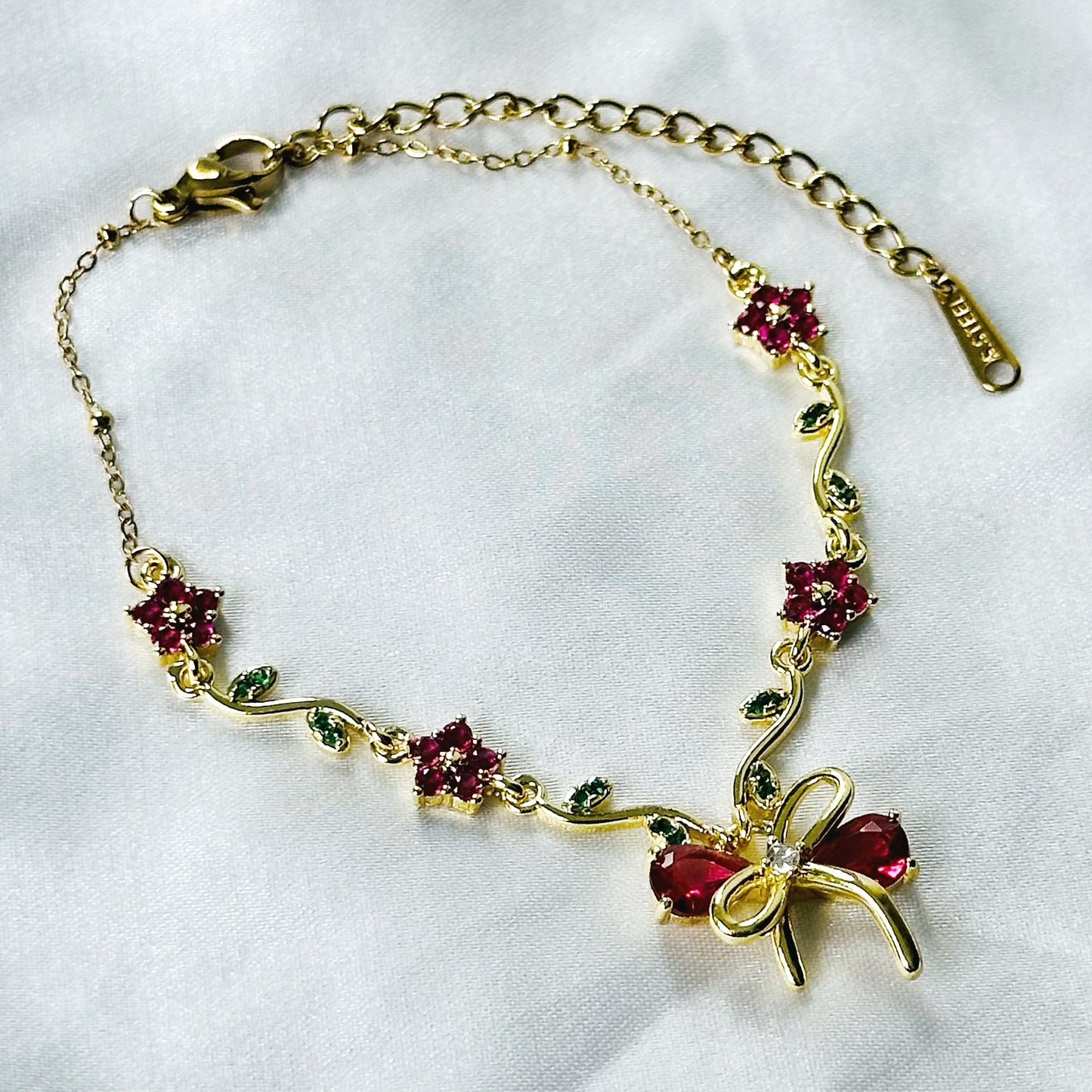 Green Emerald & Red Ruby Cubic Zirconia Tulip Design American Diamond Gold Plated Stainless Steel Bracelet