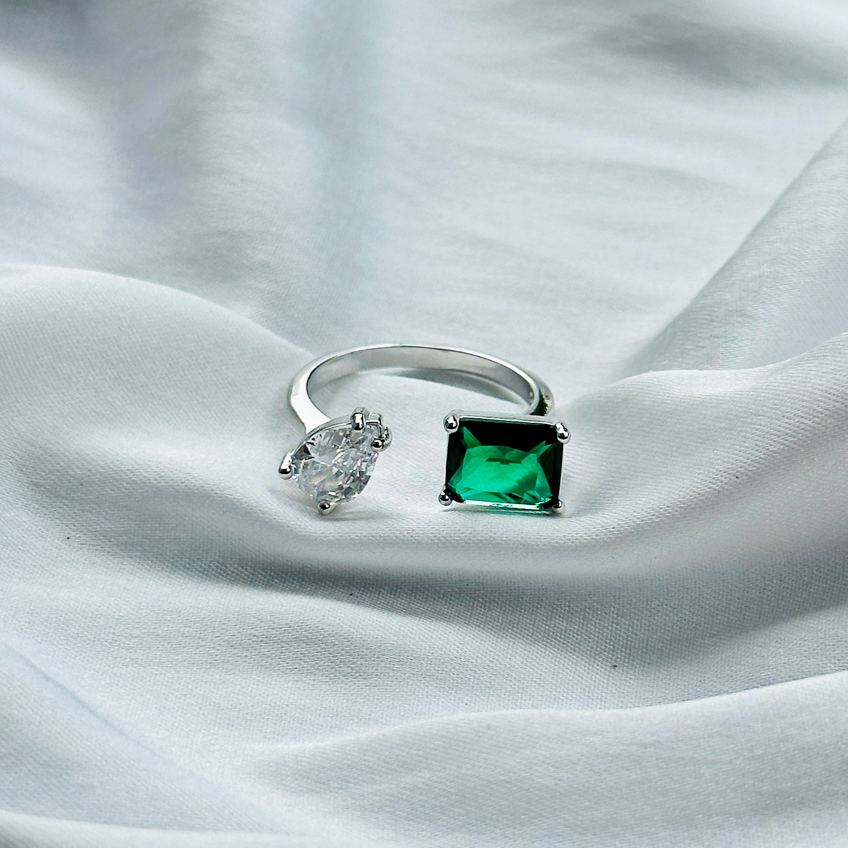 Emerald Green Inspired CZ Silver-Plated Adjustable Ring