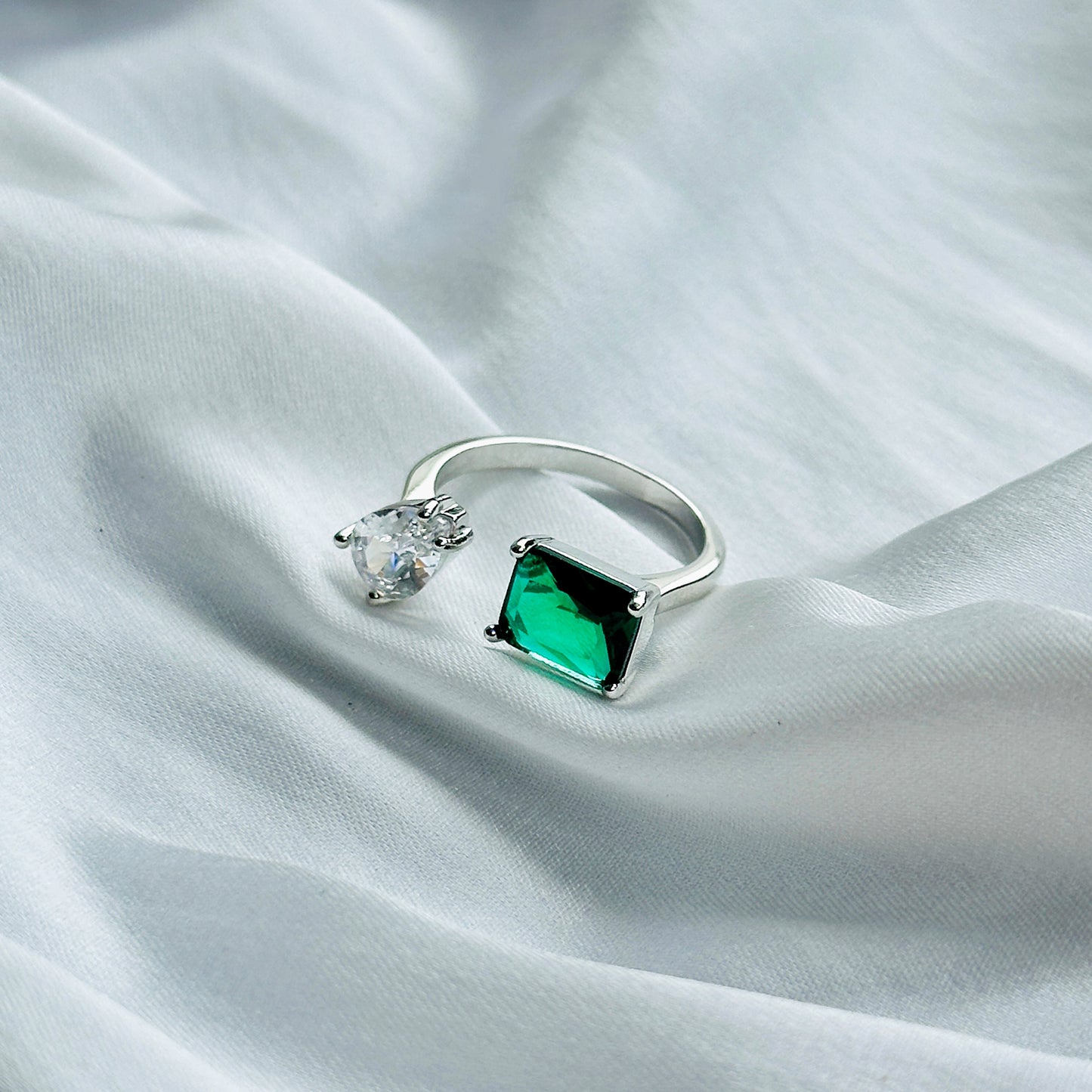 Emerald Green Inspired CZ Silver-Plated Adjustable Ring