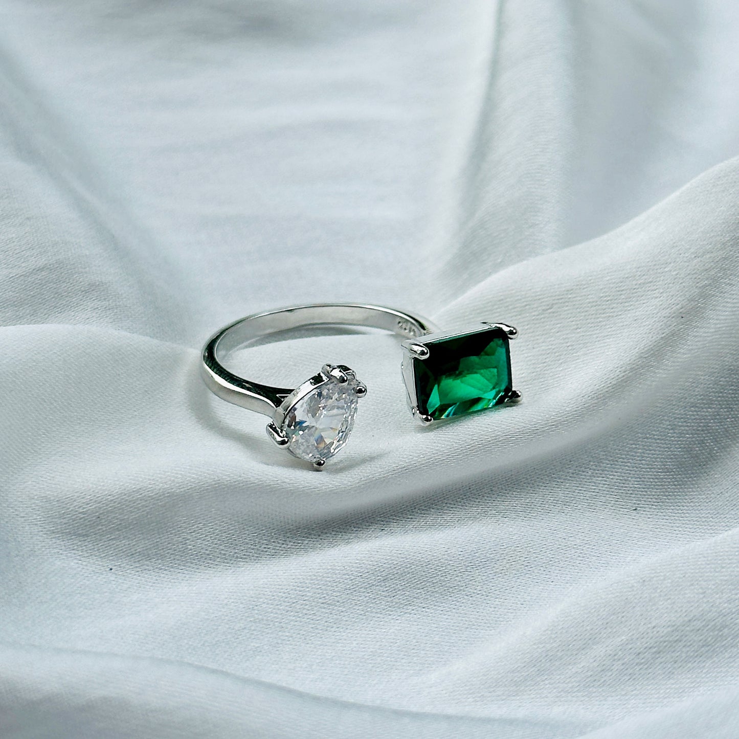 Emerald Green Inspired CZ Silver-Plated Adjustable Ring