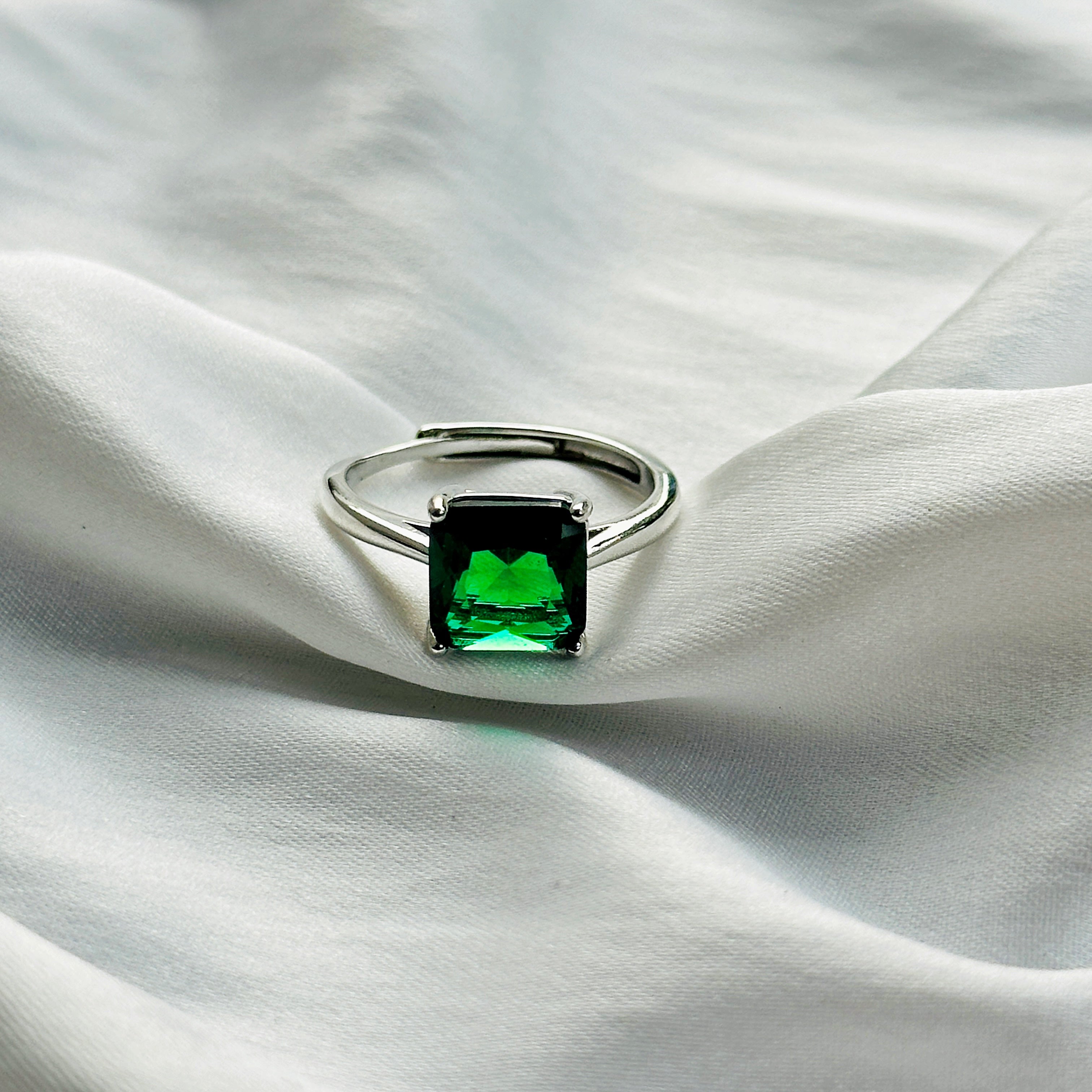 Green Emerald Cubic Zircon Ice Cut Stone Silver Plated Adjustable Ring