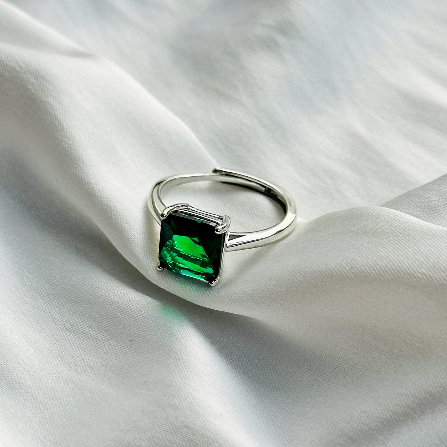 Green Emerald Cubic Zircon Ice Cut Stone Silver Plated Adjustable Ring