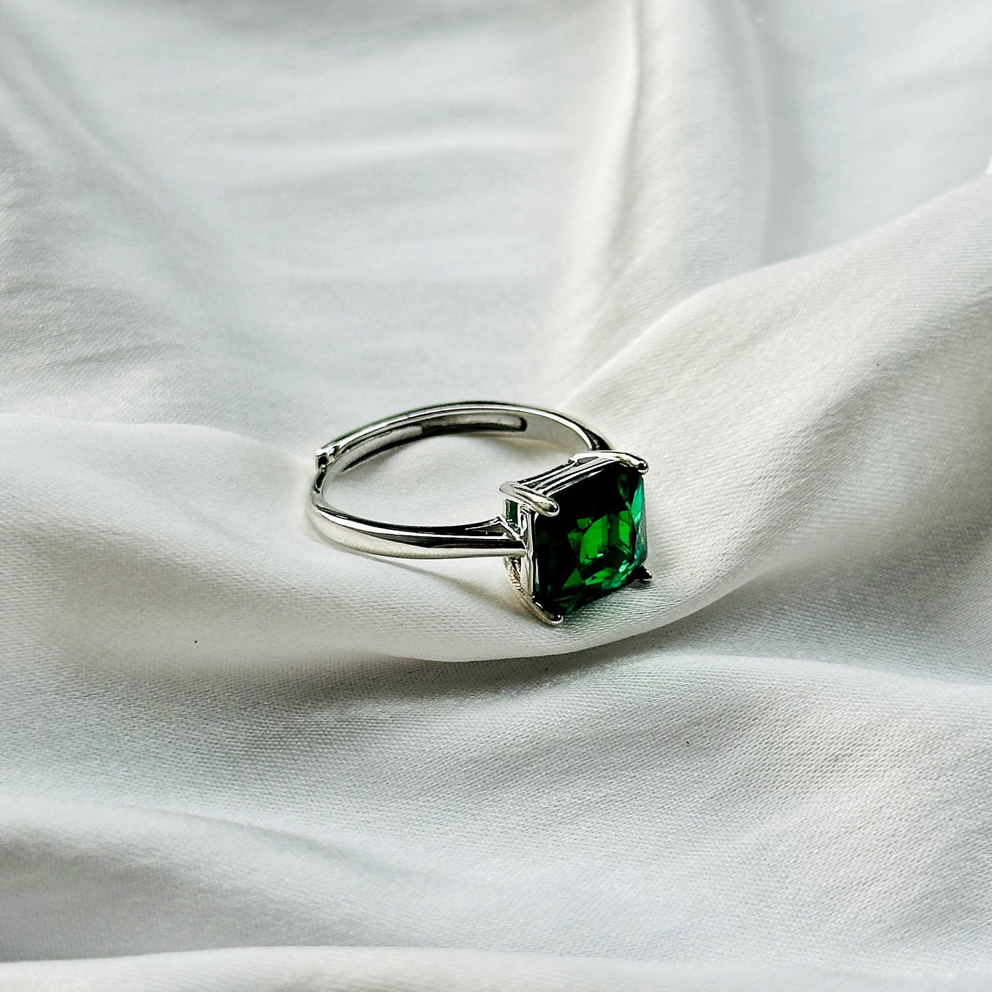 Green Emerald Cubic Zircon Ice Cut Stone Silver Plated Adjustable Ring