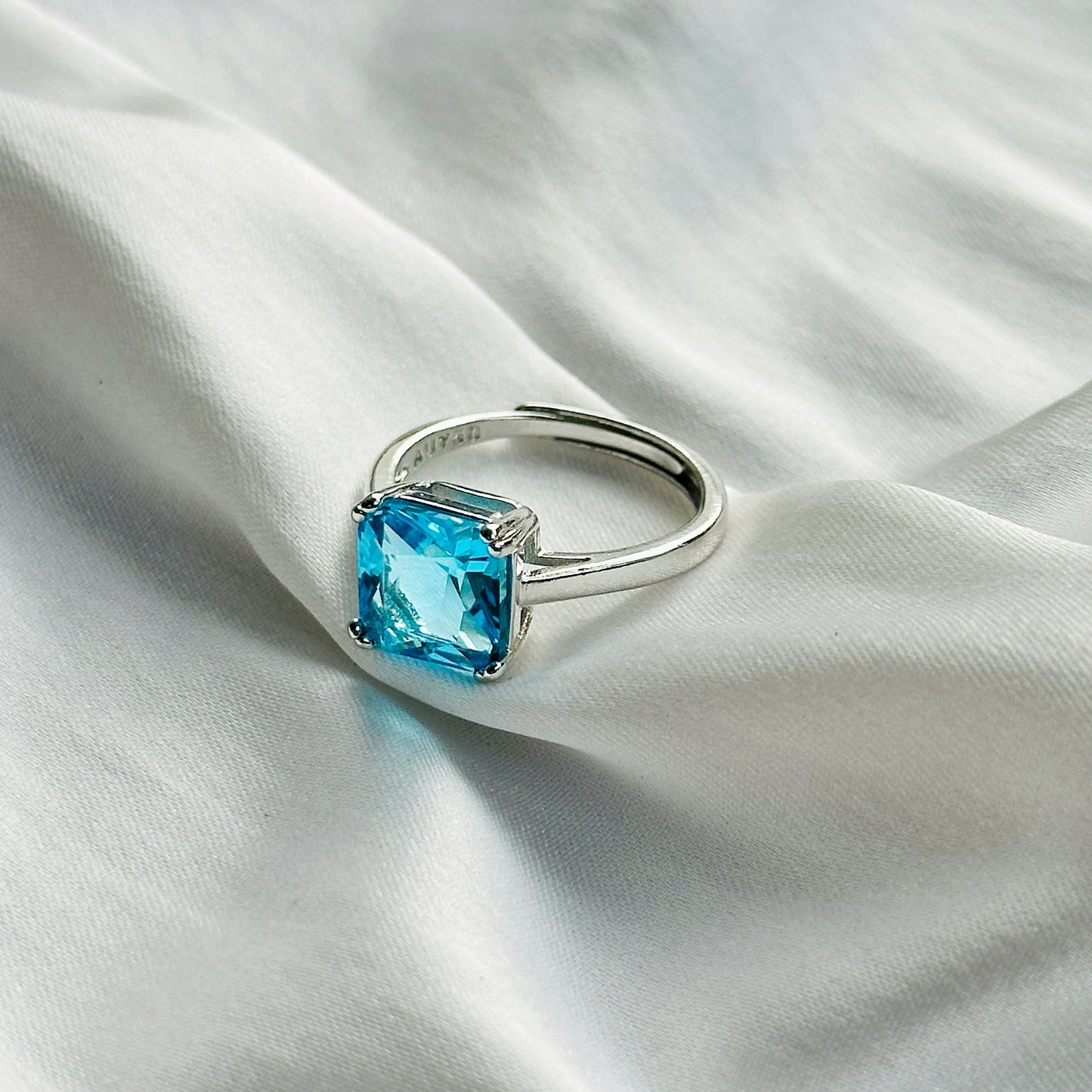 Aqua Blue Sapphire Cubic Zircon Ice Cut Stone Silver Plated Adjustable Ring