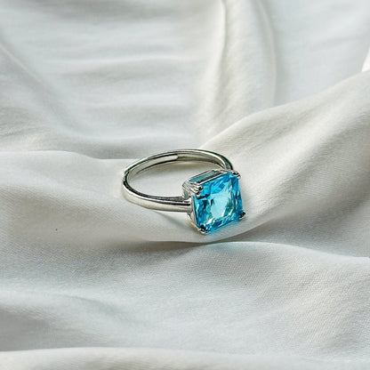 Aqua Blue Sapphire Cubic Zircon Ice Cut Stone Silver Plated Adjustable Ring