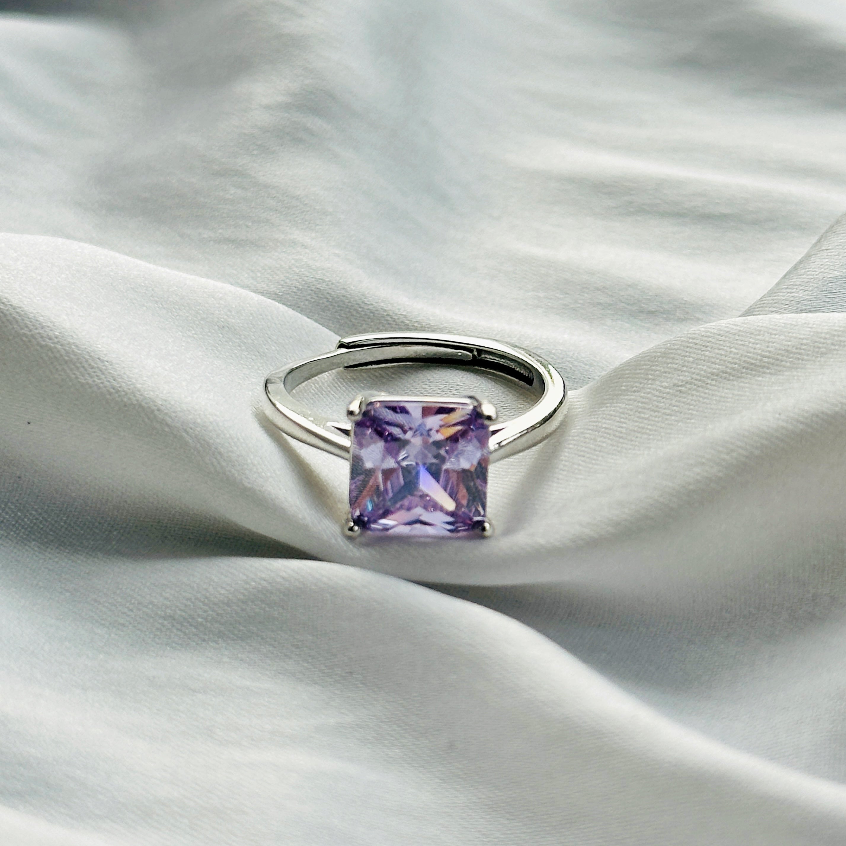 Light Amethyst Cubic Zircon Ice Cut Stone Silver Plated Adjustable Ring