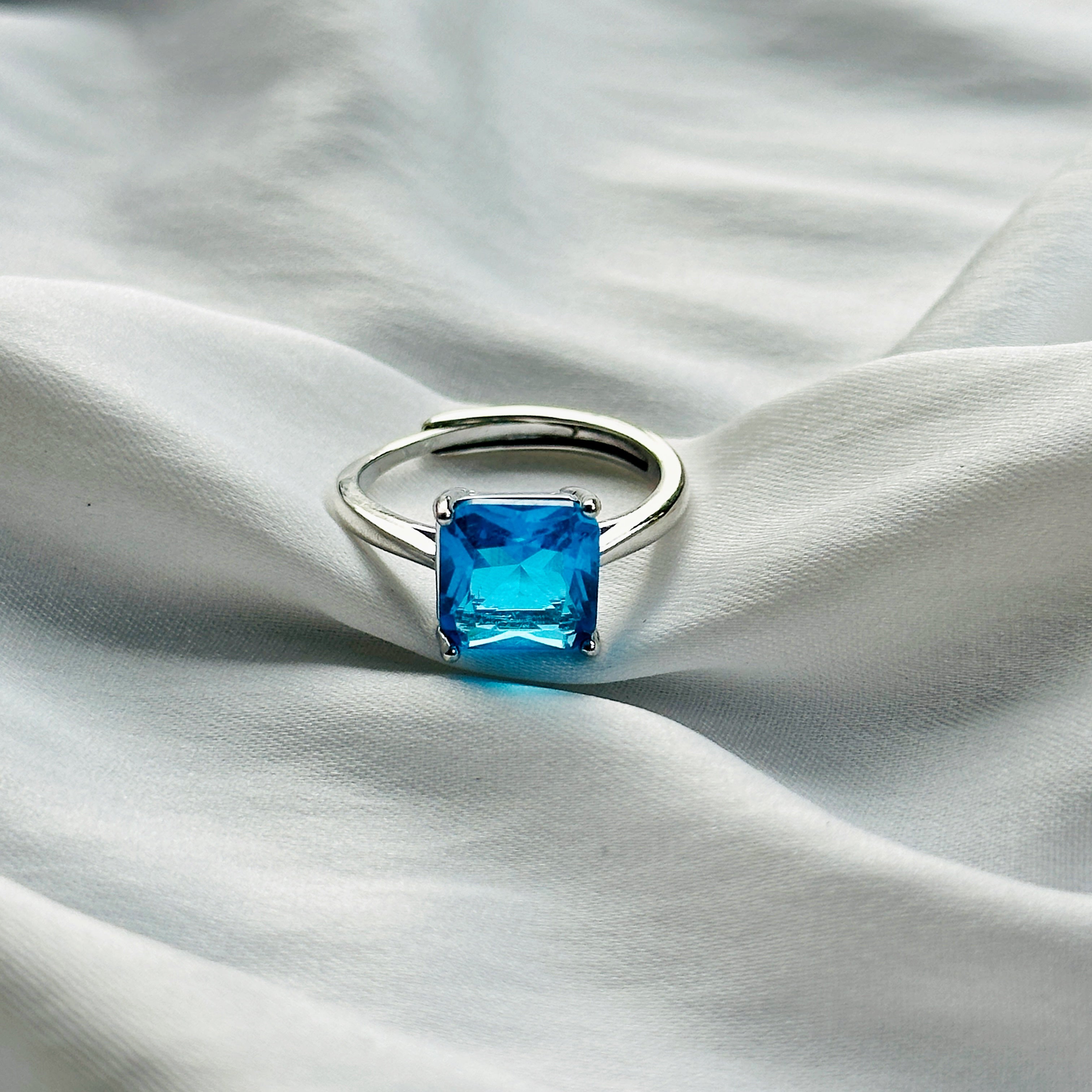 Indicolite Cubic Zircon Ice Cut Stone Silver Plated Adjustable Ring