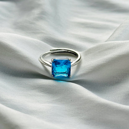 Indicolite Cubic Zircon Ice Cut Stone Silver Plated Adjustable Ring
