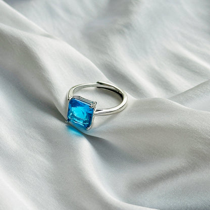 Indicolite Cubic Zircon Ice Cut Stone Silver Plated Adjustable Ring