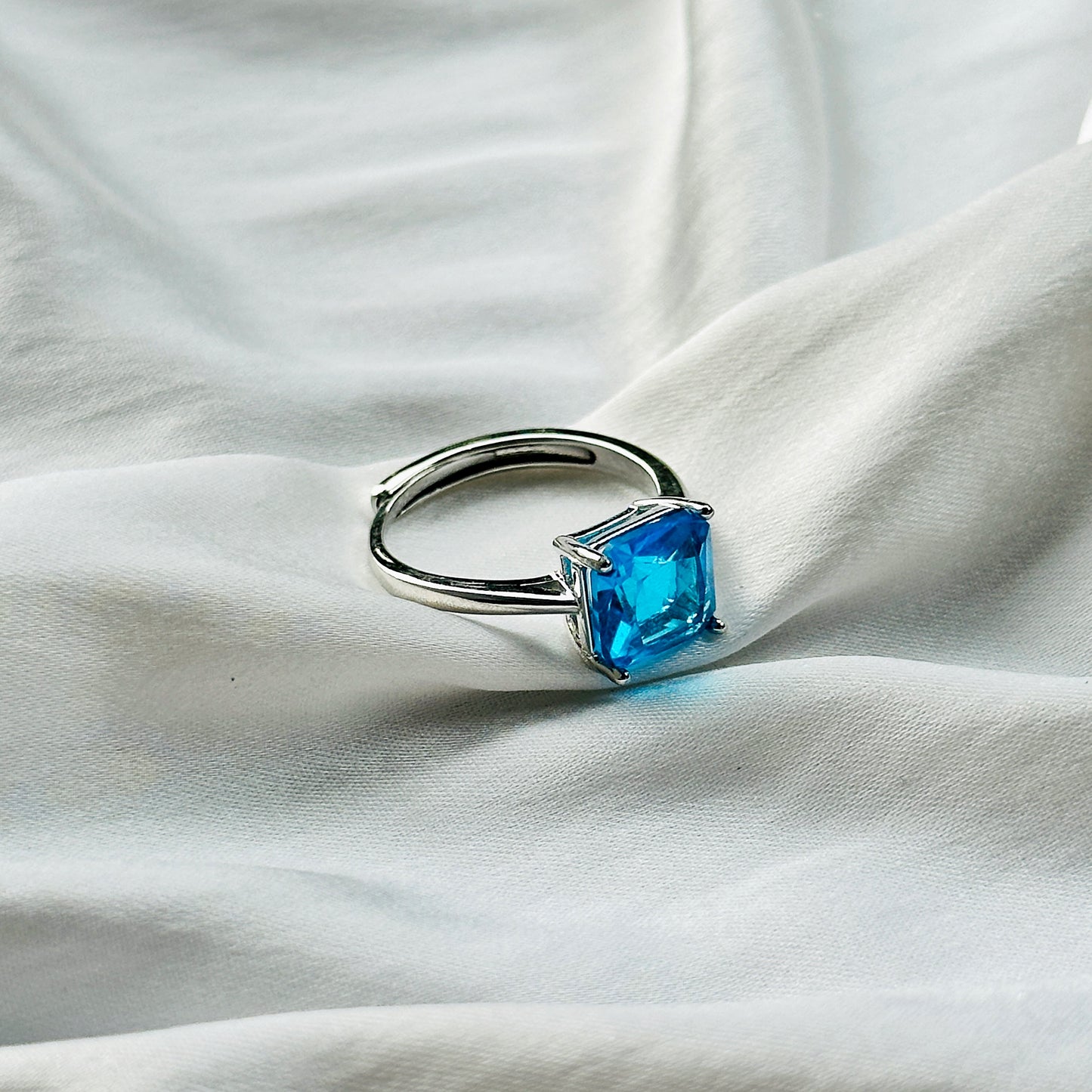 Indicolite Cubic Zircon Ice Cut Stone Silver Plated Adjustable Ring