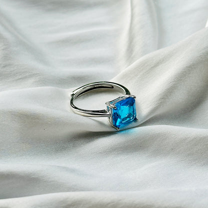 Indicolite Cubic Zircon Ice Cut Stone Silver Plated Adjustable Ring