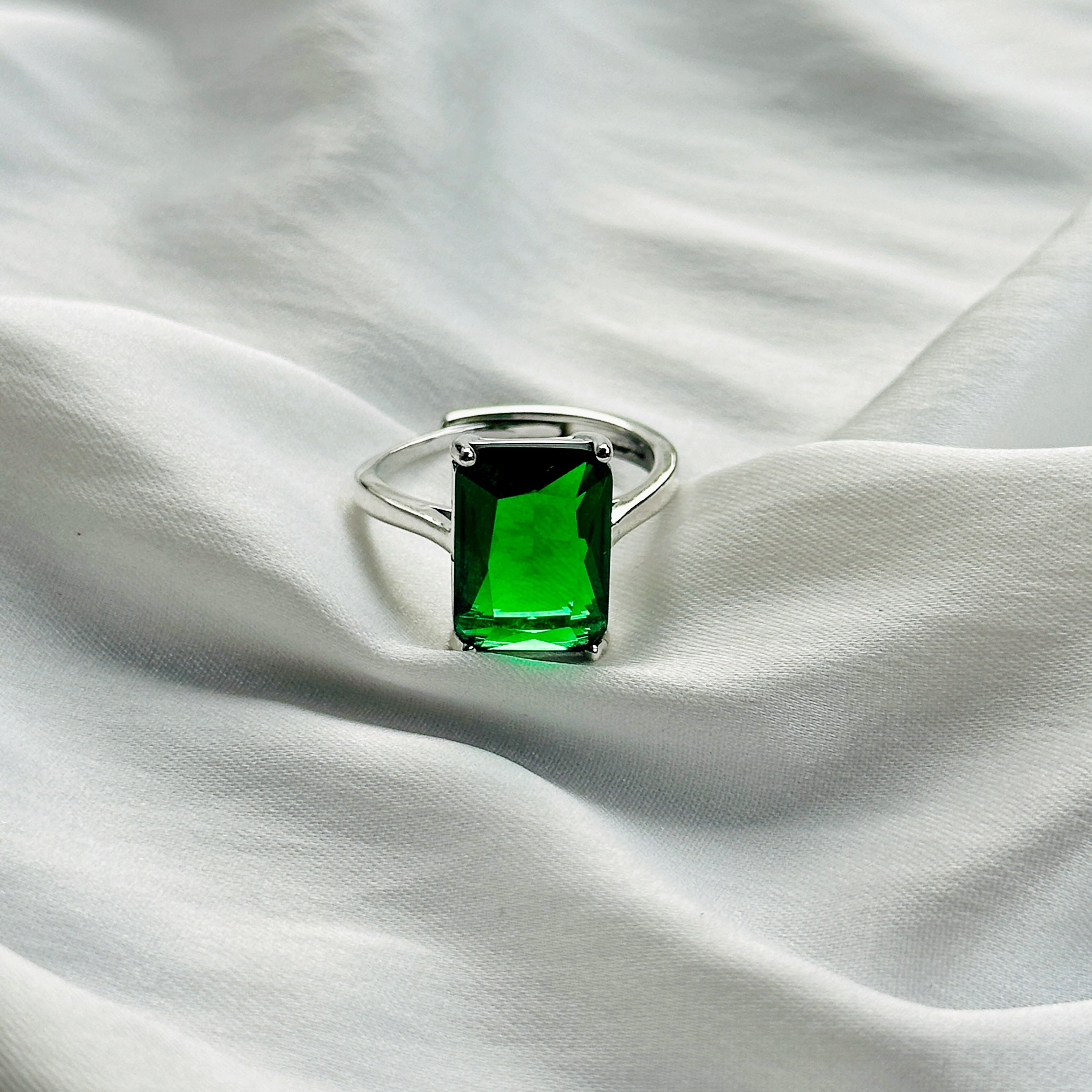 Green Emerald Cubic Zircon Ice Cut Stone Silver Plated Adjustable Ring