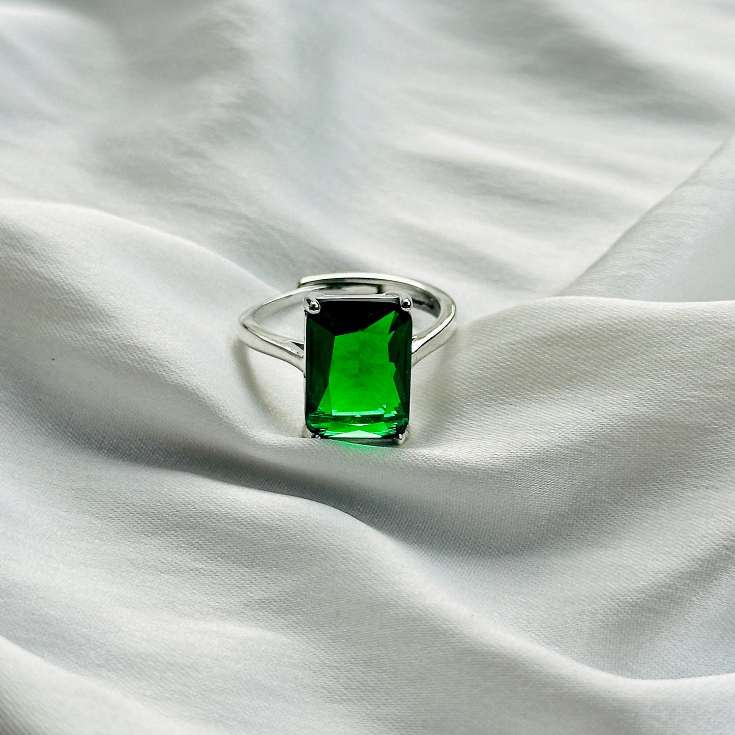 Green Emerald Cubic Zircon Ice Cut Stone Silver Plated Adjustable Ring
