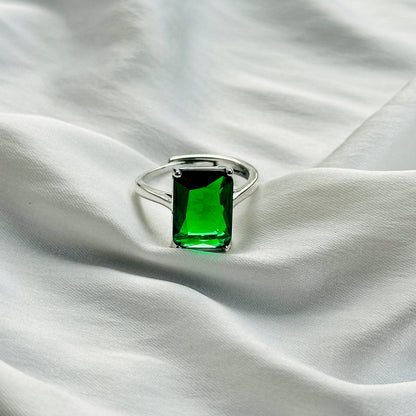 Green Emerald Cubic Zircon Ice Cut Stone Silver Plated Adjustable Ring