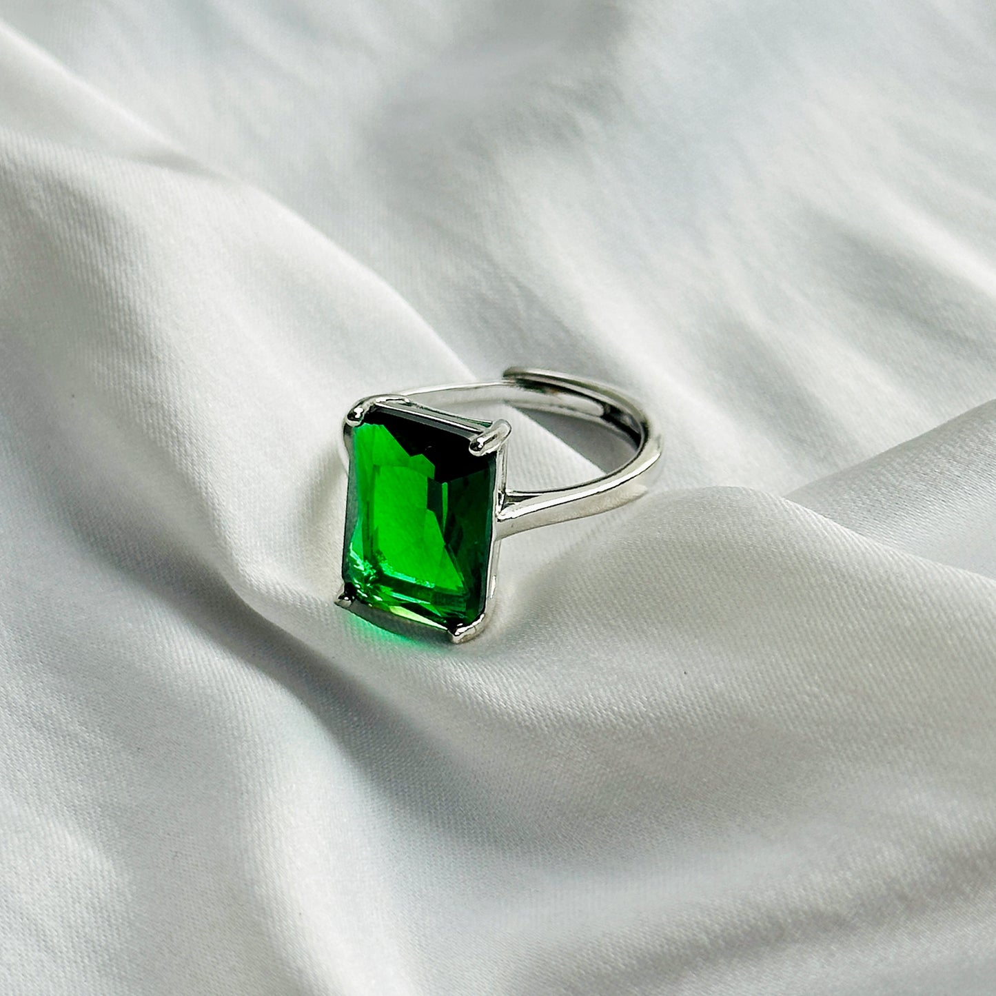 Green Emerald Cubic Zircon Ice Cut Stone Silver Plated Adjustable Ring