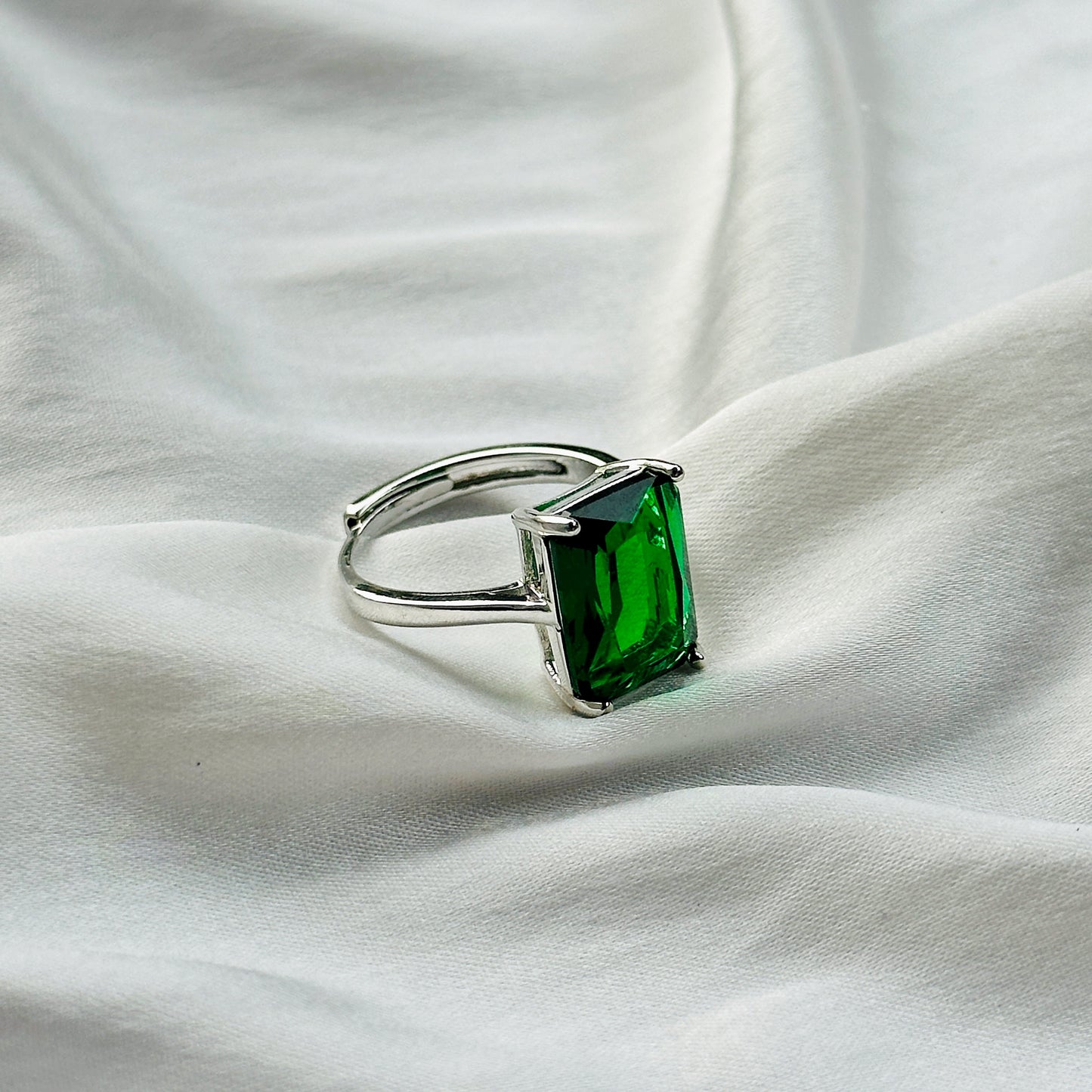 Green Emerald Cubic Zircon Ice Cut Stone Silver Plated Adjustable Ring