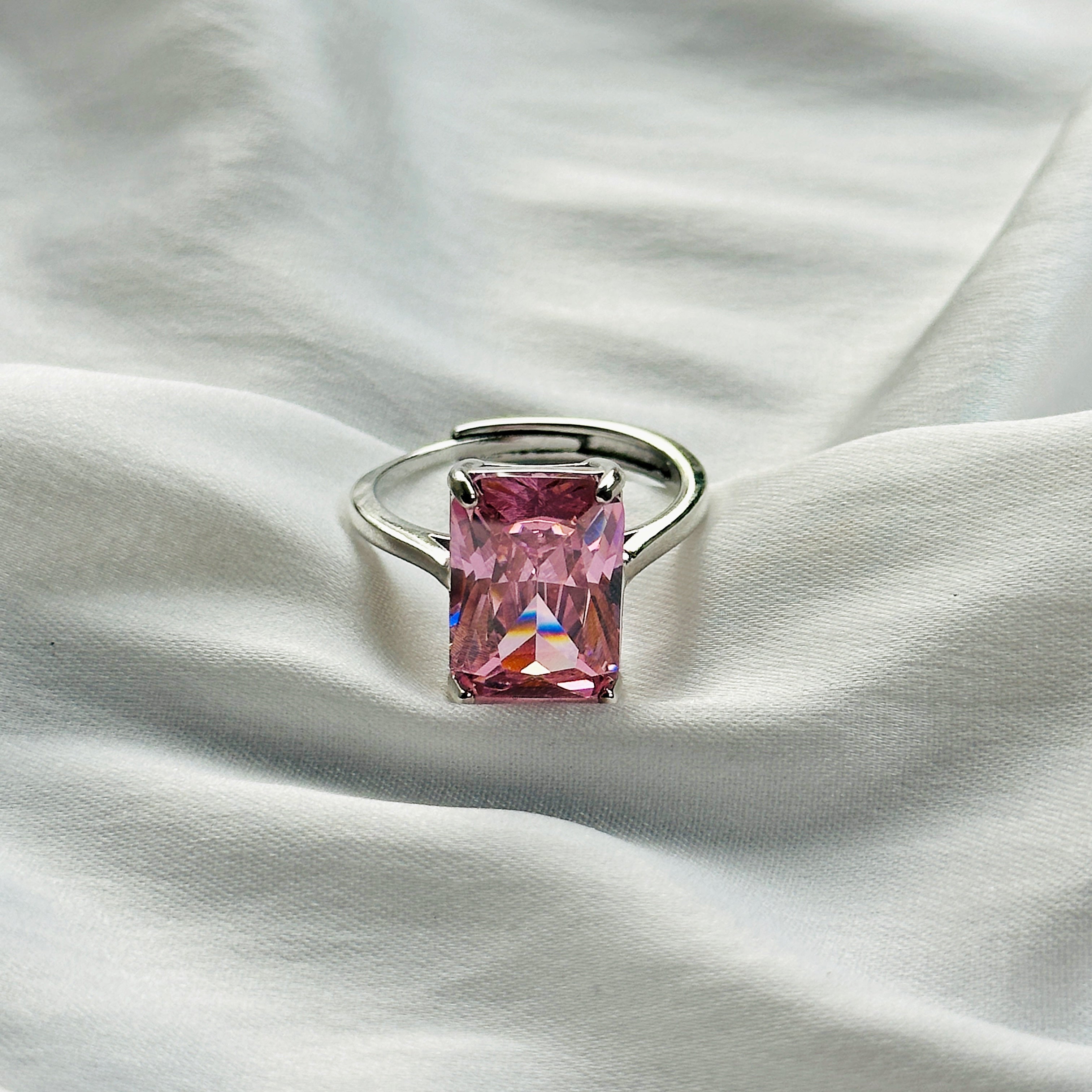 Pink Topaz Cubic Zircon Ice Cut Stone Silver Plated Adjustable Ring