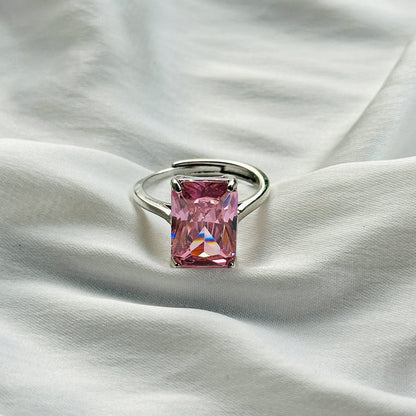 Pink Topaz Cubic Zircon Ice Cut Stone Silver Plated Adjustable Ring