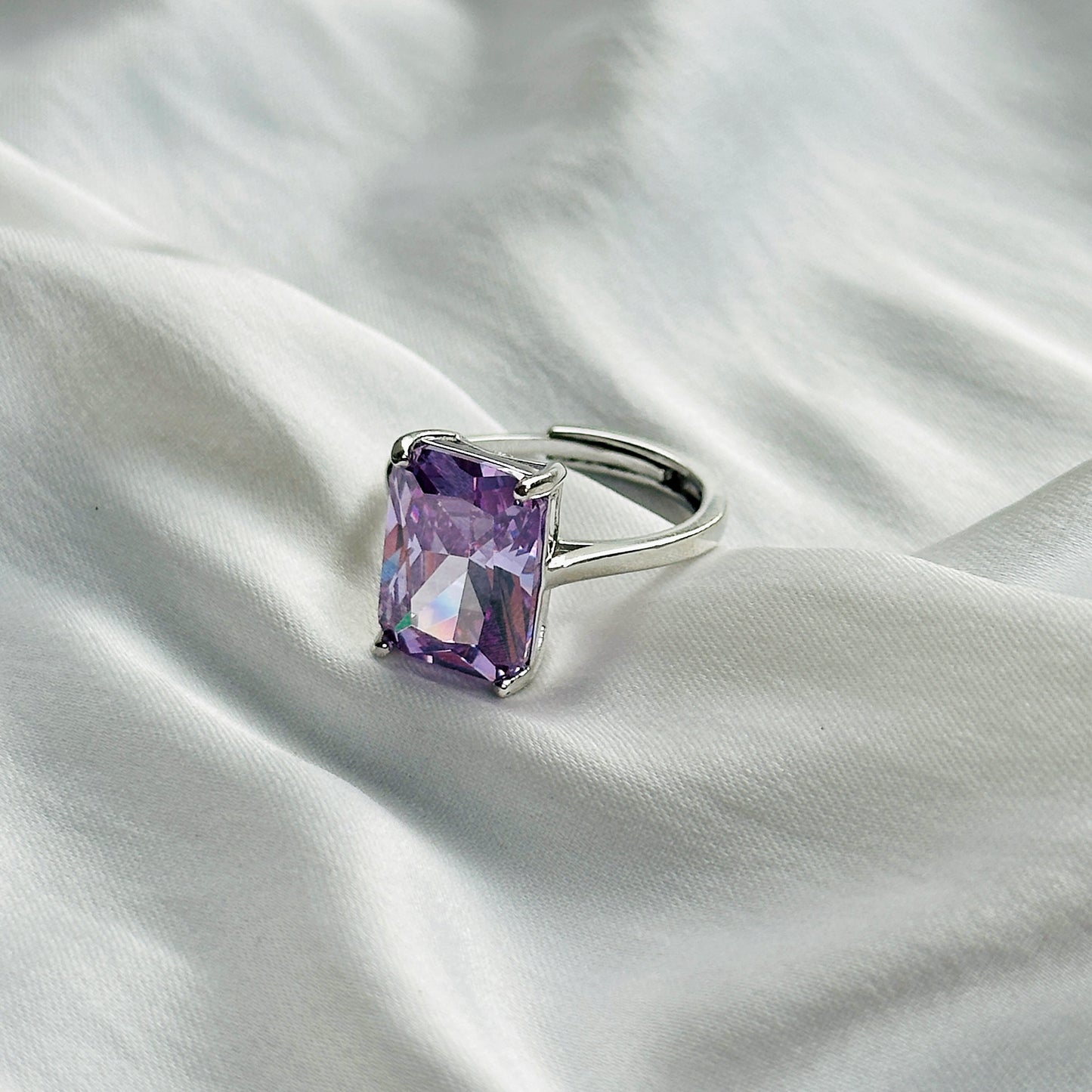 Light Amethyst Cubic Zircon Ice Cut Stone Silver Plated Adjustable Ring