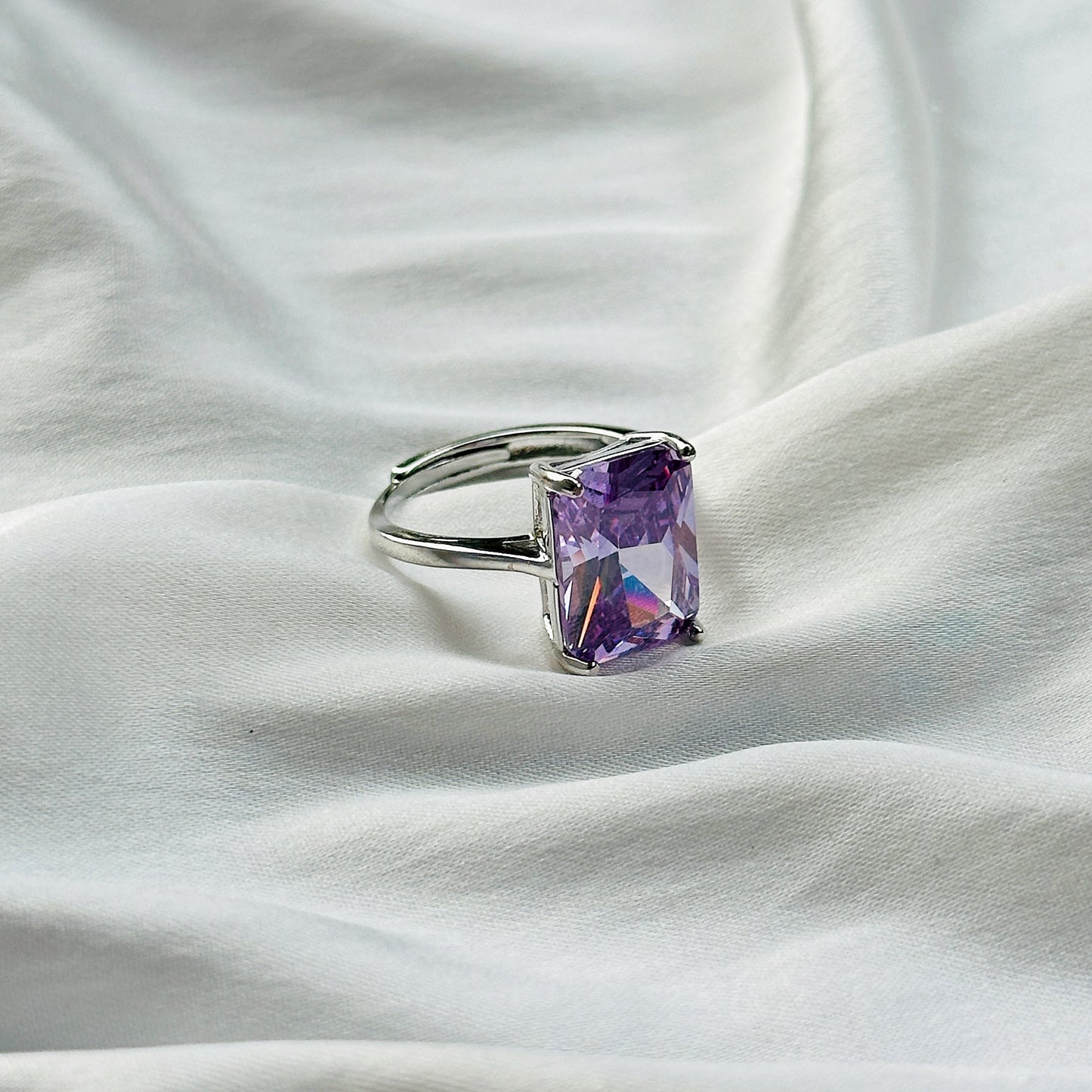 Light Amethyst Cubic Zircon Ice Cut Stone Silver Plated Adjustable Ring
