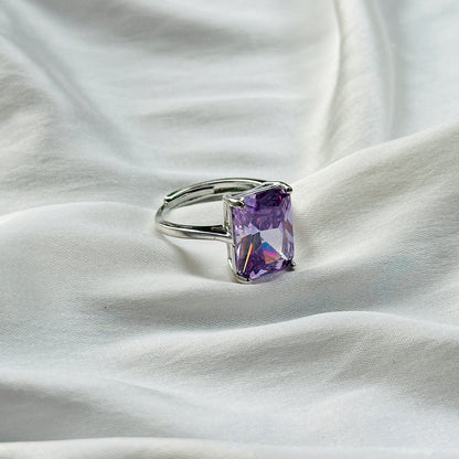 Light Amethyst Cubic Zircon Ice Cut Stone Silver Plated Adjustable Ring