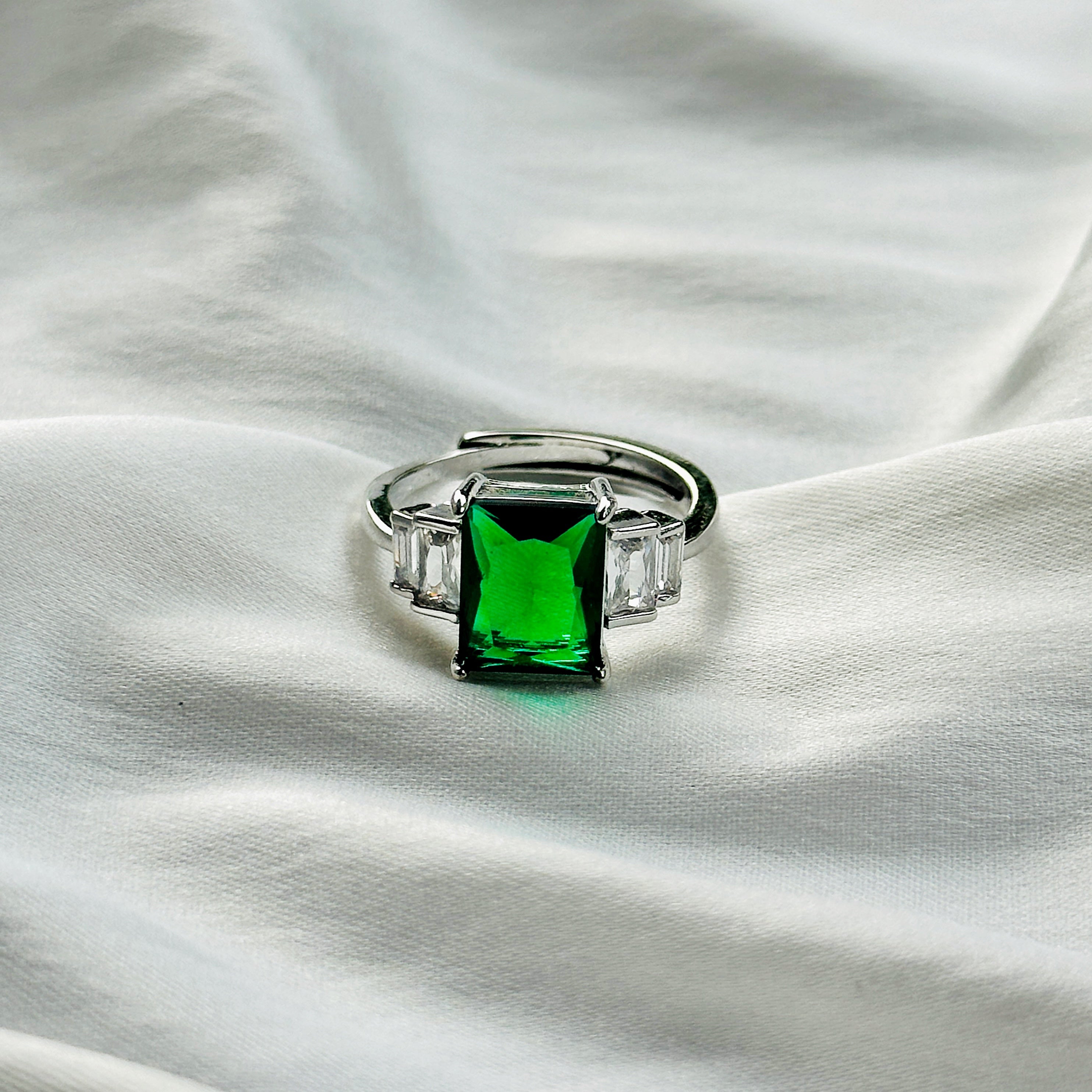 Green Emerald Cubic Zircon Ice Cut Stone American Diamond Silver Plated Adjustable Ring