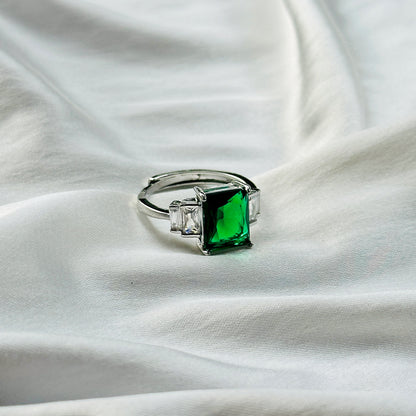 Green Emerald Cubic Zircon Ice Cut Stone American Diamond Silver Plated Adjustable Ring