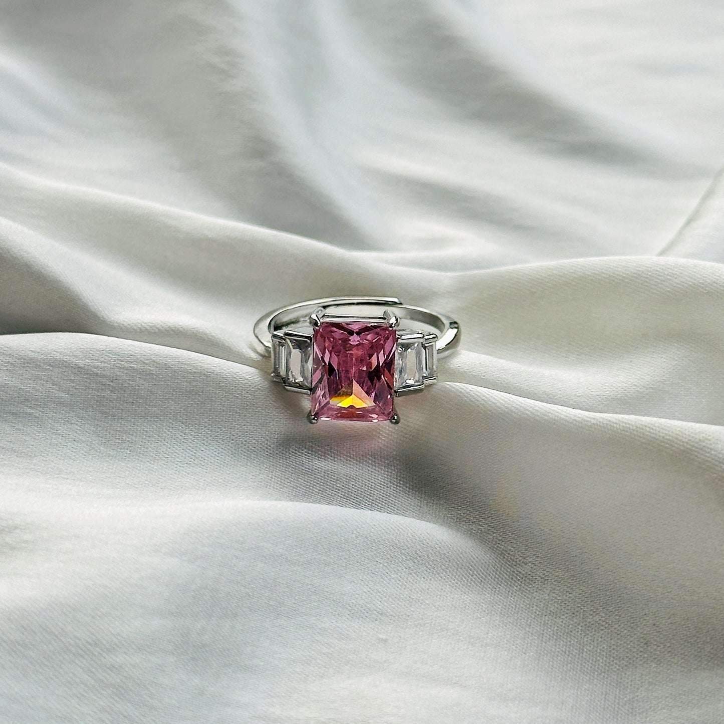 Pink Topaz Cubic Zircon Ice Cut Stone American Diamond Silver Plated Adjustable Ring