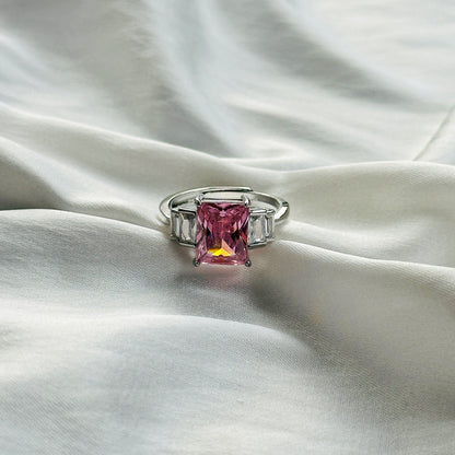Pink Topaz Cubic Zircon Ice Cut Stone American Diamond Silver Plated Adjustable Ring