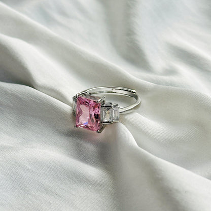 Pink Topaz Cubic Zircon Ice Cut Stone American Diamond Silver Plated Adjustable Ring