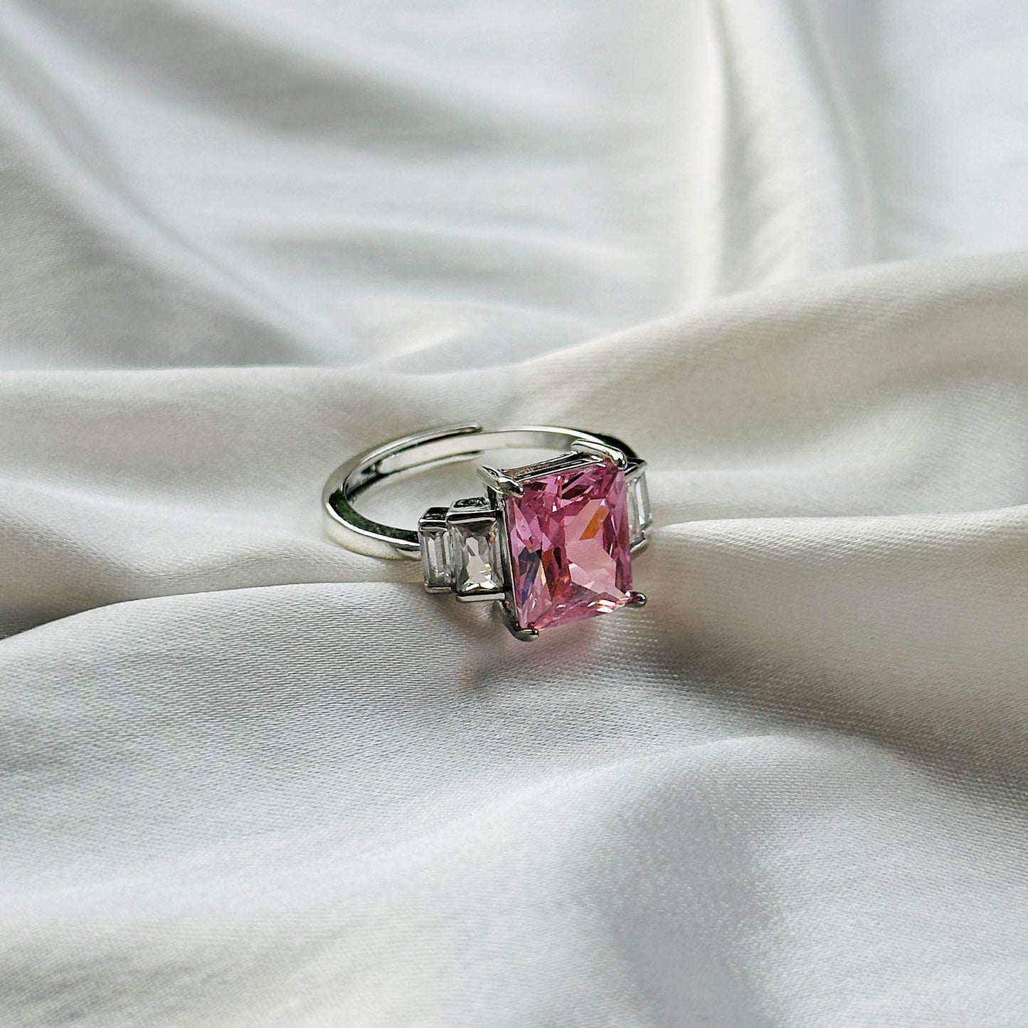 Pink Topaz Cubic Zircon Ice Cut Stone American Diamond Silver Plated Adjustable Ring