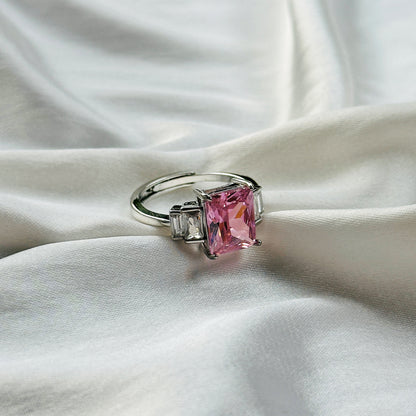 Pink Topaz Cubic Zircon Ice Cut Stone American Diamond Silver Plated Adjustable Ring