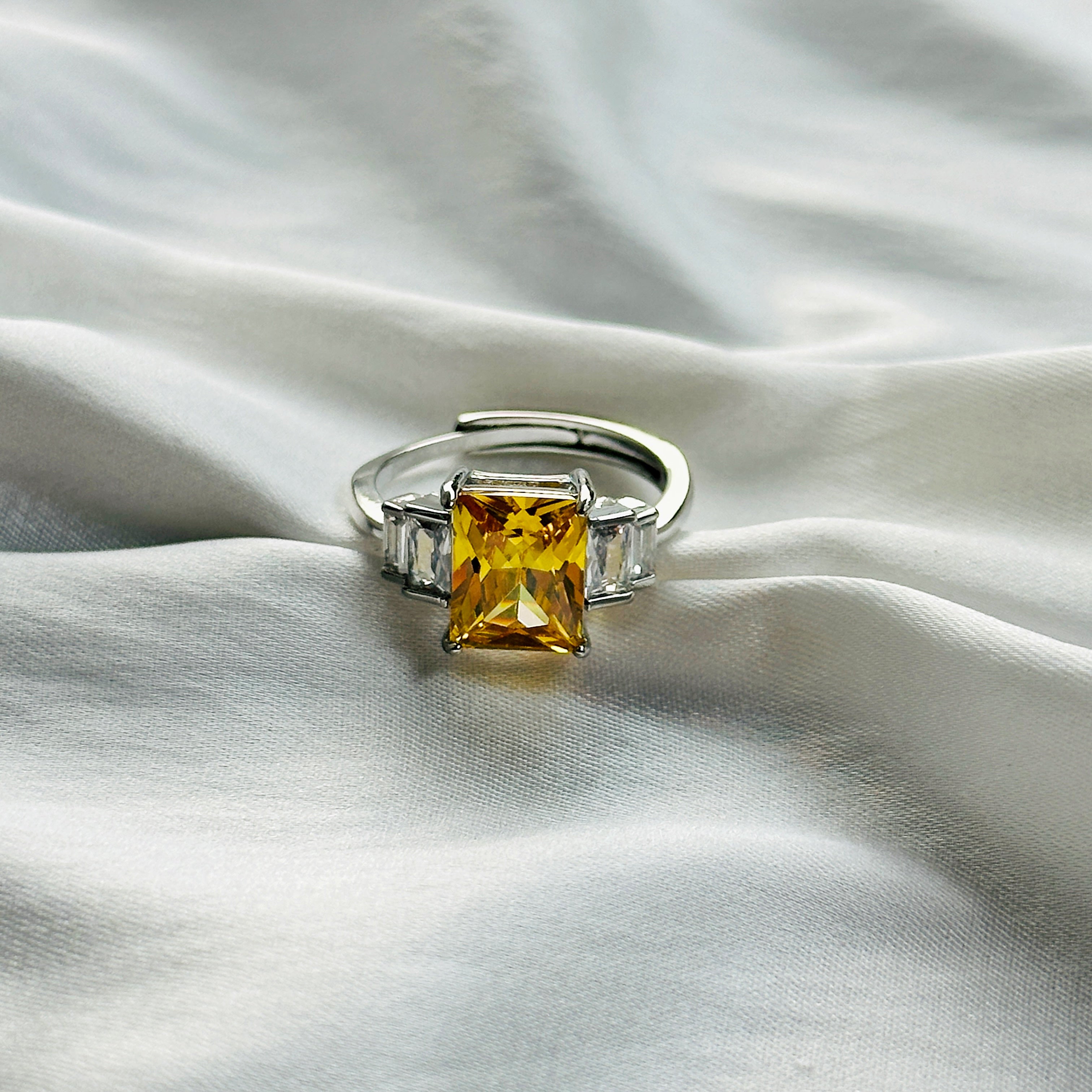 Yellow Topaz Cubic Zircon Ice Cut Stone American Diamond Silver Plated Adjustable Ring
