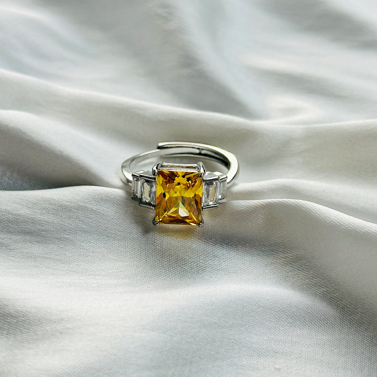 Yellow Topaz Cubic Zircon Ice Cut Stone American Diamond Silver Plated Adjustable Ring