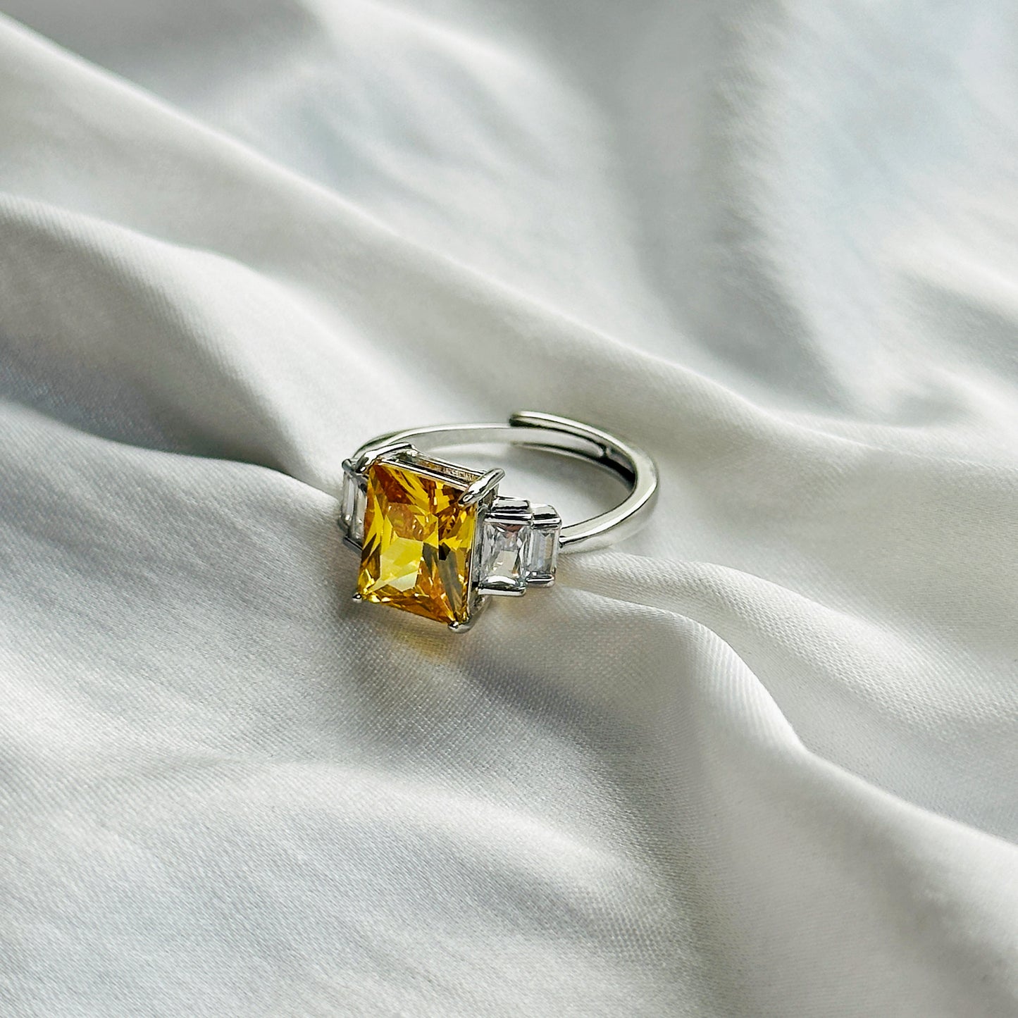 Yellow Topaz Cubic Zircon Ice Cut Stone American Diamond Silver Plated Adjustable Ring