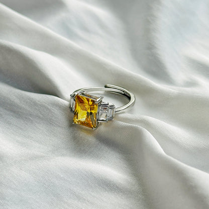 Yellow Topaz Cubic Zircon Ice Cut Stone American Diamond Silver Plated Adjustable Ring