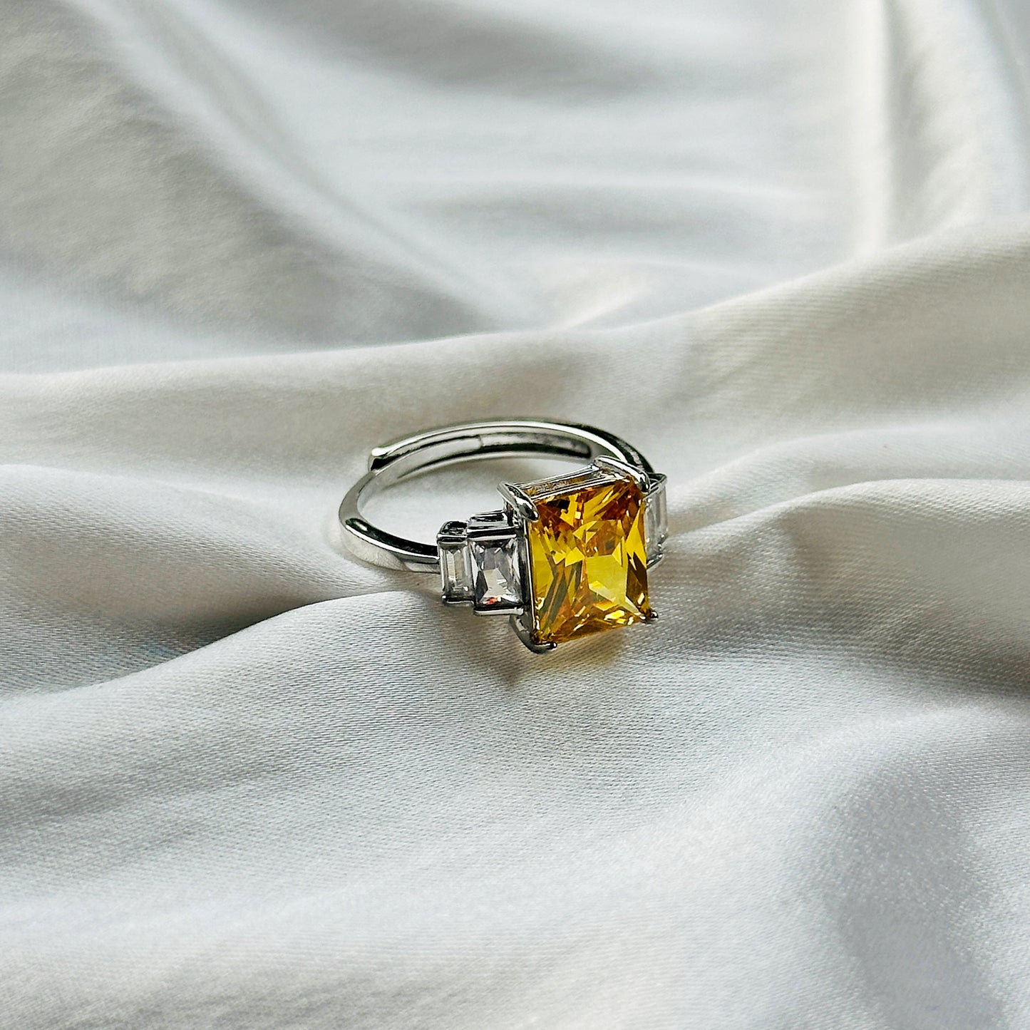 Yellow Topaz Cubic Zircon Ice Cut Stone American Diamond Silver Plated Adjustable Ring