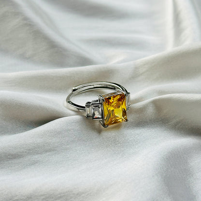 Yellow Topaz Cubic Zircon Ice Cut Stone American Diamond Silver Plated Adjustable Ring