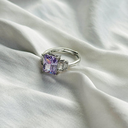 Light Amethyst Cubic Zircon Ice Cut Stone American Diamond Silver Plated Adjustable Ring
